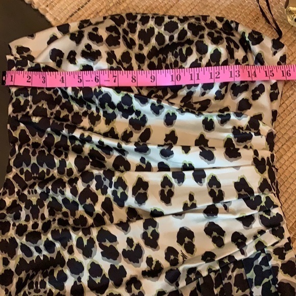 Alphorria Leopard Print Black/Tan Strapless‎ Mini Side Pleated Dress Size P/4 - Picture 11 of 12